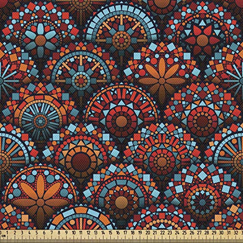 ABAKUHAUS marokkanisch Stoff als Meterware, Skalieren Sie Mandala-Design, Qualitäts Stoff Dekorativer Polster Heimtextilienstoff, 2M (148x200cm),Orange Aqua Rubin