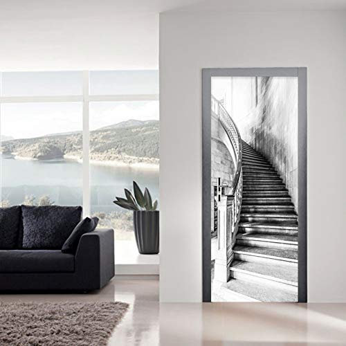 Stickers 3D Porte Poster Escalier Noir Et Blanc Créatif Créatif Papier Peint Porte Trompe L'Oeil Pour Salon Chambre Décoration De La Maison Stickers Muraux Imperméable Stickers Amovibles 77X200Cm