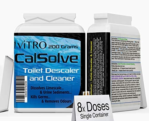 Toilet DESCALER HEAVY DUTY Limescale Remover for Toilet Concentrated Cleaner Formula Remove All Stubborn Stains CalSolve - Dissolve Urine Scale Destroys Smell 8x Doses 200 Grams