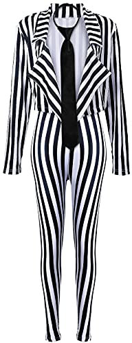 SATINIOR Halloween Damen Schwarz Weiß Vertikal Gestreift Anzug Blazer Länge Hose mit Krawatte Jacke Kostüm, schwarz und weiß, Mittel