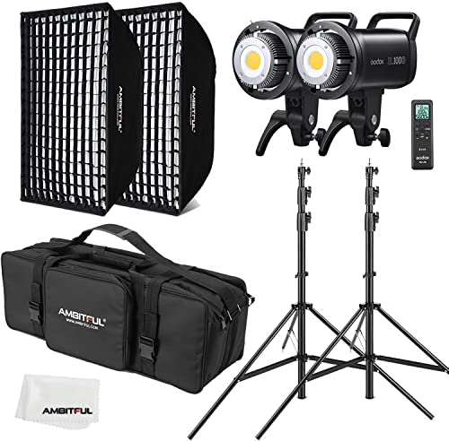 GODOX SL100D 2X 100W LED Video Light + 60 x 90 cm Softbox, Light Stand, Honeycomb Grid, With Remote Control Suitable for Film Studios, Photo Studios
