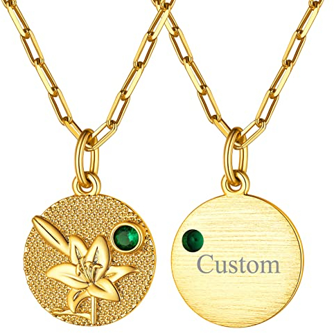 FOCALOOK Geburtsblume im Mai + Geburtsstein Anhänger mit 45+5cm Rolokette Rosegold vergoldet Münze mit Lilie Motiv Halskette Geburtsmonat Modeschmuck Accessoire für Damen Mädchen