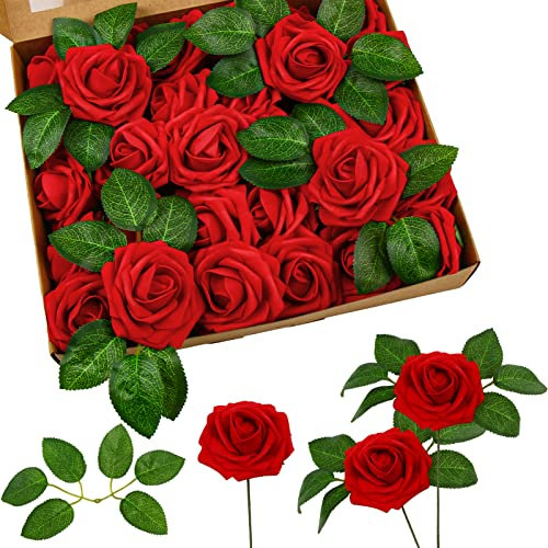 DERAYEE 25 PCS Artificial Roses, Foam Roses Flowers DIY Flower for Wedding Bridal Bouquets Home Party Garden Decorations (Crimson)