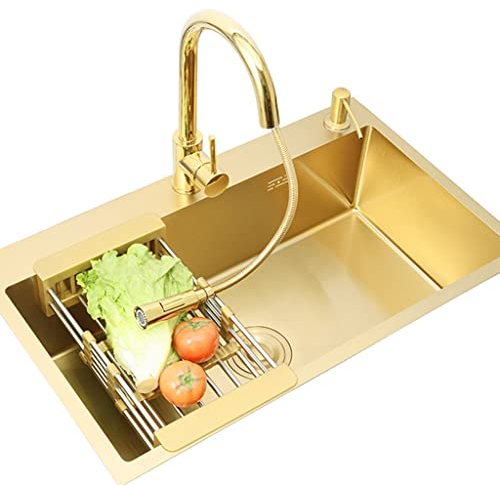 Fregaderos Dorado con Escurridor Cocina De Acero Inoxidable 304 con Grifo Extraíble Grifo De Barra Dorada, Todos Los Accesorios Incluidos (Color : Gold, Size : 75x45cm)