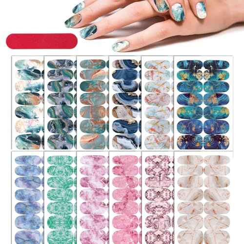 12 Sheets Gradient Marble Nail Polish Strips Stickers, Self Adhesive Starry Full Nail Wraps Stickers, Gel Nail Art Decal Strips with Nail File for Women Girls Manicure Decoration