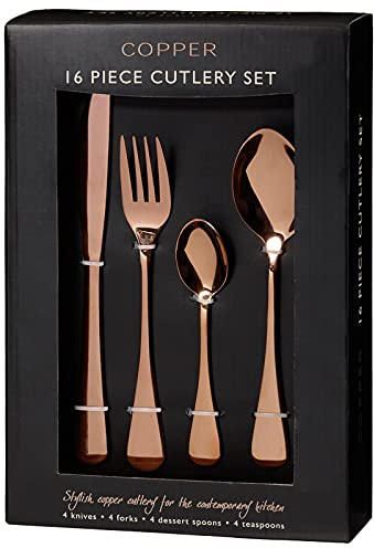 AJ Copper Cutlery Set, 16 Piece, Plain Stylish Design, Dishwasher Safe, for Contemporary Kitchen