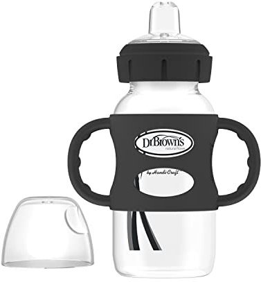 Dr. Brown's Milestones Weithals-Trinkflasche mit 100% Silikongriffen, leicht zu greifende Flasche mit weichem Schnabelauslauf, 270 ml, ab 6 Monaten, Schwarz, 1 Stück, BPA-frei