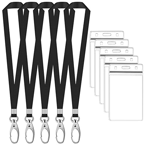 5 Sets Titolari di Badge con Cordino, PVC ID Carte Porta Badge, Impermeabile Porta Tesserino da Collo con Cinturini, ID Card Holders con Cordoncino per Eventi Ufficio Affari (Nero, Verticale)