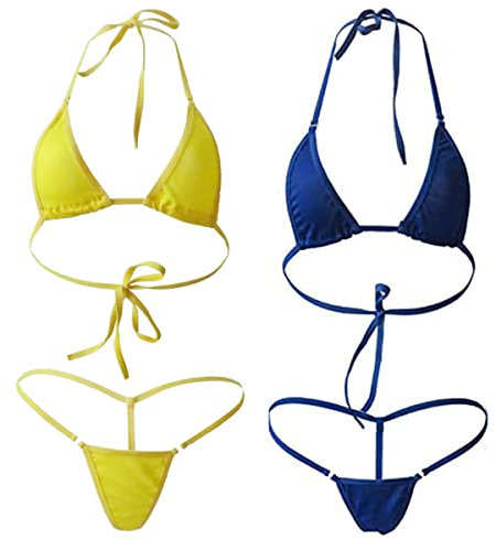 Femme Maillot de Bain Deux Pièces Sexy Brésilien Bikini Slim String Tanga Ensemble Lingerie Swimwear De Plage Micro Mini Bra Triangle String Bikini Femmes 4 Pieces Bleu + Jaune (2 Set)