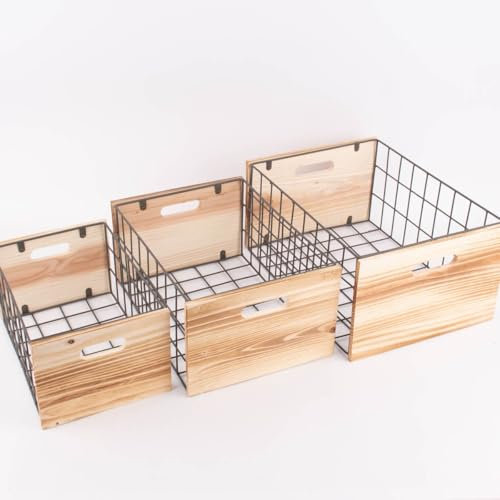 SCHÖNER LEBEN. 3er Set Aufbewahrungsbox Holzkiste Gitter Holz Natur grau Verschiedene Größen