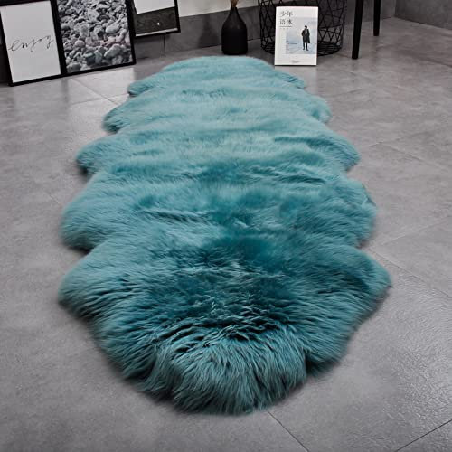 Yopeango Teppich aus Schaffell aus natürlichem Mailand, mit dickem und üppigem Schafsfell, mit rutschfester Unterseite, klein, blau, 70 x 145 cm