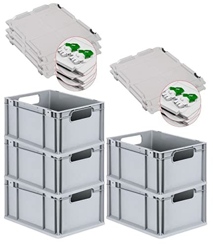 PROREGAL SuperSparSet 5x Eurobox NextGen Economy mit Scharnierdeckel & grünen Verschlüssen | Griffe offen | HxBxT 22x30x40cm | 20 Liter | Eurobehälter Transportbox Transportbehälter Stapelbehälter