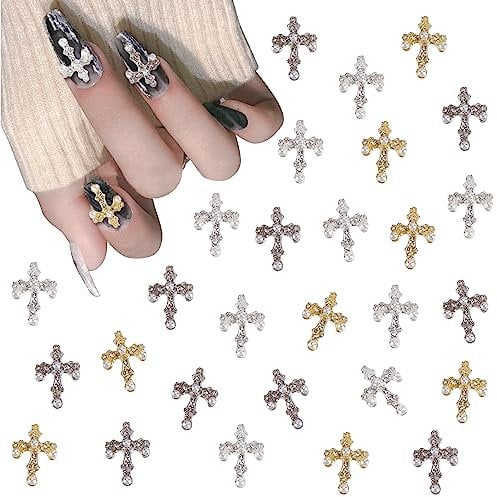 NICENEEDED 30 PCS 3D Cross Nail Charms, Alloy Pearl Punk Style Nail Decoration for Women, Retro Nail Jewels Gothic Nail Art Supplies for Nail DIY Design and Jewelry Making