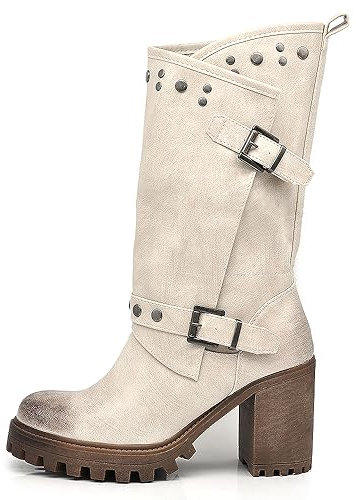 IF FASHION Stivaletti Tronchetti Da Donna Con Tacco Grosso Plateau Borchie Pelle Sintetica G673 beige N.37