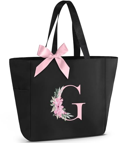 Vavabox A-Z Tote Bag Monogrammierte Tragetasche - Wasserdichte,Geschenke Für Frauen,Braut Und Brautjungfern (G, Schwarz)