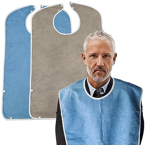 LWMLWM 2 Stück Lätzchen für Erwachsene, Wasserdicht Erwachsenen Lätzchen, Senioren Lätzchen mit Klettverschluss, Kleidungsschutz Latz für Männer Frauen Ältere Menschen (Blau + Braun)