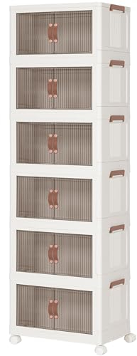 HOOBRO Aufbewahrungsbox mit Deckel, Kunststoff-Aufbewahrungs Behälter mit Rädern, 6 Packungen Stapelbare Kisten Ordnungsboxen mit Türen, Faltbare Aufbewahrungsbehälter, Weiß EWG642CW01
