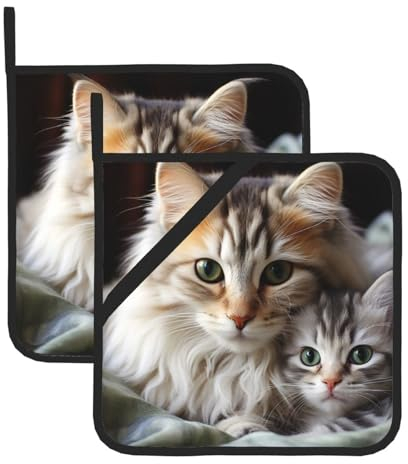 Topflappen mit Katzenmotiv für die Küche, hitzebeständig, verdickt, mit Schlaufe, wasserdicht, langlebig, Topflappen für Mikrowelle, Kochen, Backen, Ofen, Grillen, 20,3 x 20,3 cm, 2 Stück