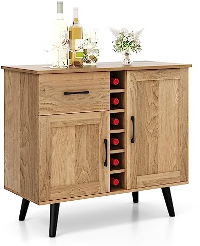 KOMFOTTEU Credenza Cucina Industriale, Cantinetta Vino Legno con 6 Bottiglie di Vino, 2 Scomparti con Anta e Dispositivo Antiribaltamento, Mobile a Buffet, Bar, Naturale, 90 x 40 x 79 cm