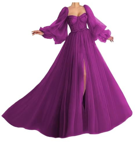 Générique Robes De Bal à Manches Bouffantes pour Femmes Longue Robe De Bal en Tulle Fente Robes De SoiréE Formelles Robe De MariéE Princesse ChéRie Fuchsia XS