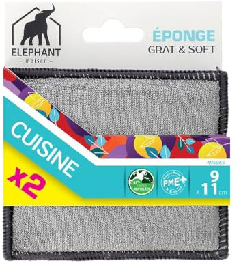 ELEPHANT Maison - Éponges Grat&Soft x2 - Format Pratique - Face Microfibre & Face Grattante, Nettoie Surfaces Délicates Sans Les Abîmer - Idéale Verre, Inox, Marbre - Fabriqué en France