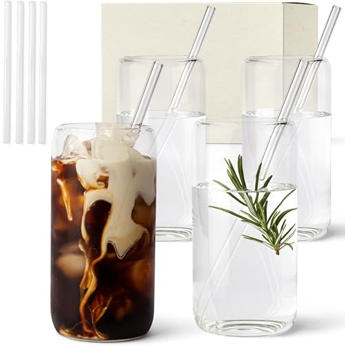 KIVY Trinkgläser Set mit Glas Strohhalm [4x 450ml] Eiskaffee, Wasser & Matcha Glas - Longdrinkgläser Set - Kaffee & Matcha Gläser - Kaffeegläser - Latte Macchiato Gläser - Hohe Cocktailgläser