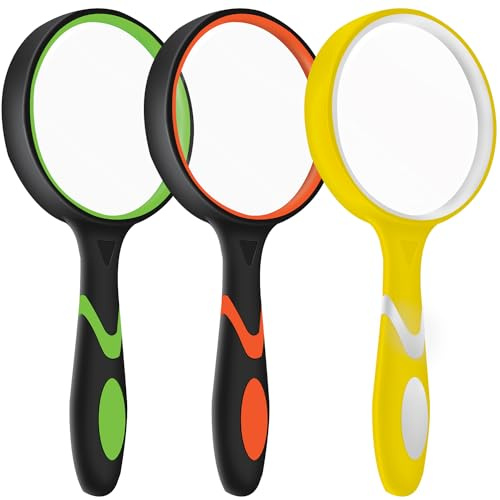 3-pack förstoringsglas för barn, 10 x 75 mm förstoringsglas med halkfritt gummihandtag, lämpligt för läsning av tidningar, insekter, lämplig för äldre och barn