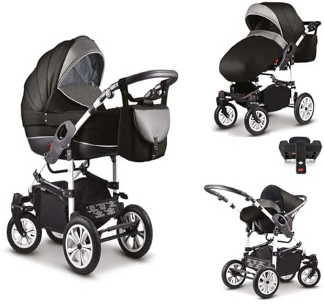 Wiejar Kinderwagen-Set Craft 5 in 1 inkl. Sportsitz, Autositz, Iso Base und Zubehör - 17 Teile - Schwarz
