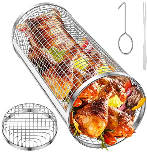 Rolling Grilling Basket, Stainless Steel Rotisserie Basket with Fork Wire Mesh Cylinder Grilling Rack Non-Stick Outdoor BBQ Round Grill Baskets Grilled Cage for Camping Picnic