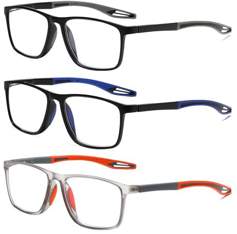 Fsread 3 Pack TR90 Sports Reading Glasses for Men Blue Light Blocking With Spring Hinges Rectangle Lightweight Flexible and Trendy Design Anti UV/Eyestrain/Glare Computer Readers +1.5