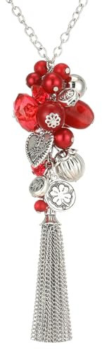 Bulinlin Silber Lange Kette Damen Silber Anhänger Kette mit Quasten Modeschmuck Kette Lang Geburtstagsgeschenk für Frauen(Red)