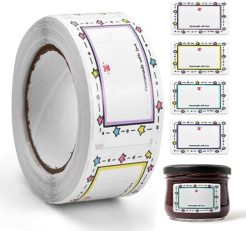 Dokeno Marmeladen Etiketten Selbstklebend, 250 Stück Aufkleber zum Beschriften für Namensschilder, Ablösbare Gewürzetiketten, Handmade Klebeetiketten Label für Gläsern, Flaschen, Backwaren, (4 Farben)