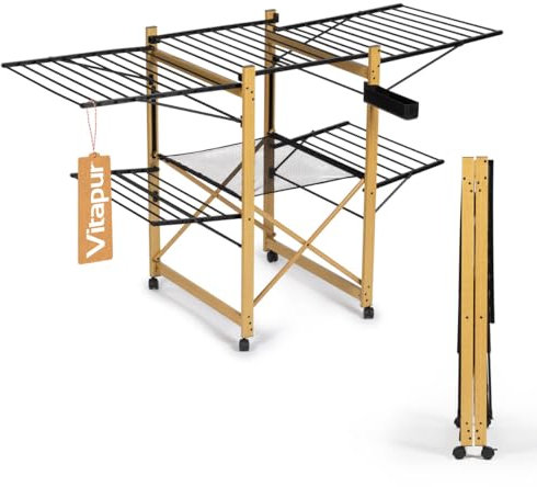 VITAPUR Séchoir à Linge en Bois AirPrestige Pro, Séchoir à Linge Tour, Pliable, Séchoir à Linge Haut, Mesh Insert, 4 Ailes Latérales, Séchoir à Linge pour Balcon XXL