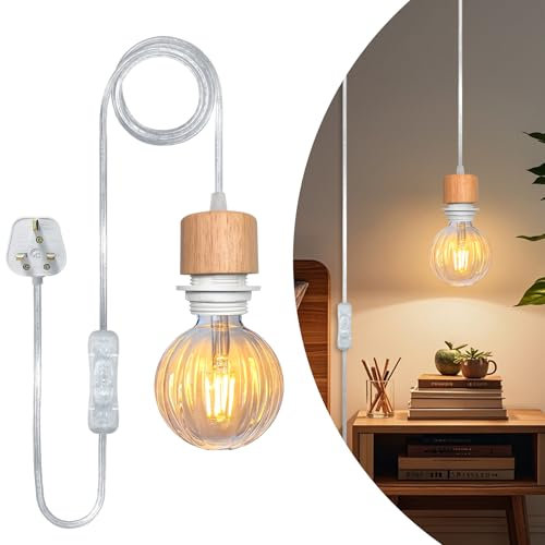 Plug in Pendant Light, 500CM Transparent Cable, Wood E27 Lamp Holder with Switch, Plug in Ceiling Light, Modern Hanging Light with Plug, Suspended Pendant Lighting Fitting for Different Lampshade
