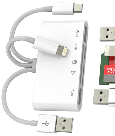 Adaptateur USB Lightning USB C (5 en 1) Lecteur Carte SD Micro SD OTG 3.0 Chargeur pour IPhone 16 15 pour IPad Mac Compatible avec Samsung pour Apple TF Card Reader Appareil Photo Clé Mémoire Stick