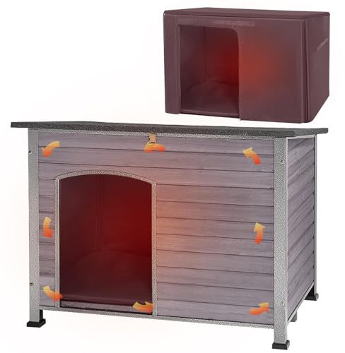 X-ZONE PET Insulated Dog House, Weatherproof Dog Kennel with Insulated Liner for Small to Large Sized Dogs, Outdoor Doghouses Puppy Shelter with Elevated Floor(Grey)