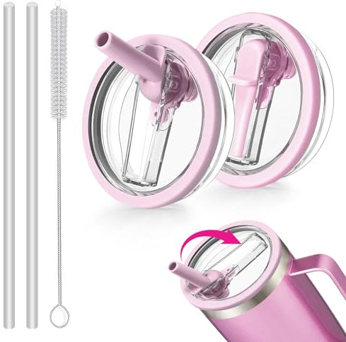 2 PCS Leak-Proof Lids for Stanley Cup 40oz, Stanley Replacement Lid, Tumbler Detachable Flip Straw Lid, Reusable Stanley Cup Lids Leak Proof with 2 Straws and 1 Brush (Purple)