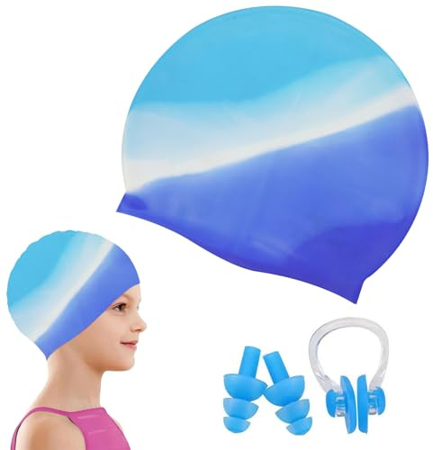 Kids Cuffia Piscina, Cuffia Nuoto di Qualità Superiore, Cuffia da Piscina Bambina in Silicone, Cuffia da Bagno Impermeabile, con Tappi per Orecchie e Clip per Naso, per Ragazzi Ragazza