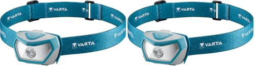 Varta Stirnlampe LED inkl. 3x AAA Batterien Kopflampe, Outdoor Sports H10 Pro, zwei Leuchtmodi, spritzwassergeschützt, Dimmfunktion, mit schwenkbarem Kopf, blau (Packung mit 2)