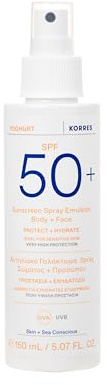 KORRES YOGHURT Sonnenspray-Emulsion für Gesicht & Körper SPF50+, 150ml | schnell einziehend, spendet lang anhaltende Feuchtigkeit, wasserresistent, UVA & UVB-Schutz, transparentes Finish