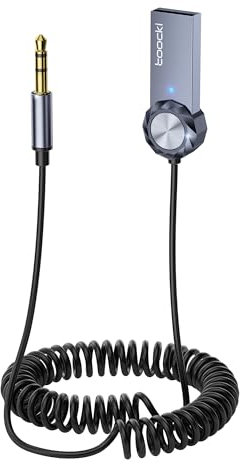 toocki Receptor Bluetooth 5.1 para Coche, Jack Bluetooth Auxiliar 3.5mm y USB, Cable Espiral TPU, Altavoz Estéreo Autoradio, Asistencia de Escucha/Llamada/Navegación