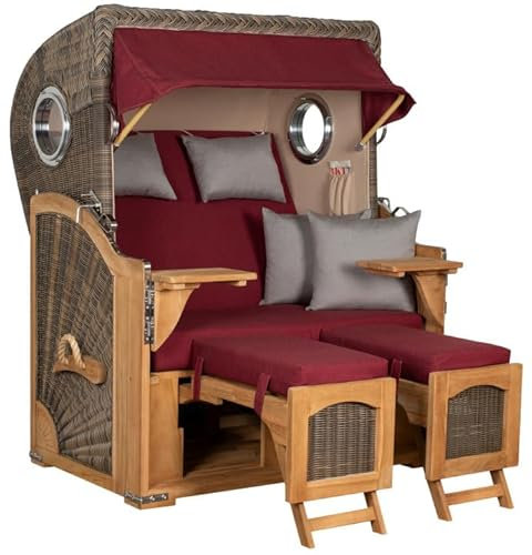 MR. DEKO® Strandkorb Düne Teak 2-Sitzer Bullauge | PE Geflecht Grey | Volllieger Strandstuhl verstellbar | inkl. 4 Kissen Wechselpolster | Strandkörbe fertig montiert aus Teakholz | (Dessin 594)