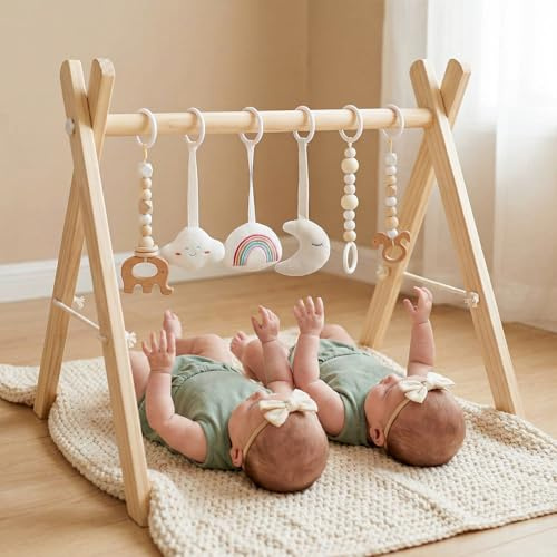 Mallify Spielbogen Baby Holz, Klappbar Spieltrapez mit 6 abnehmbaren Spielzeugen, Baby Gym Holz für Neugeborene