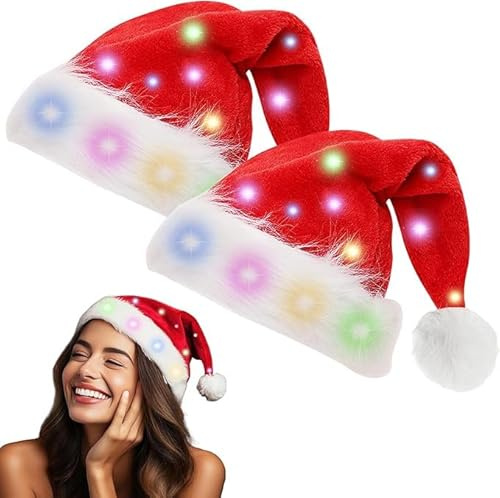 BORDEAG LED Weihnachtsmütze, 2 Stück Erwachsene Nikolausmütze mit Leuchtendem, Plüsch Rote Santa Mütze, Plüsche Weihnachtsmann Mütze für Weihnachten Neujahr Partys Neujahrsgeschenk
