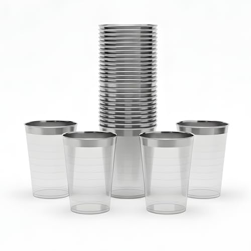 Playlearn Luxia 20-Pack Silver Rim Plastic Cups 10oz Clear, Durable Disposable Tumblers for Wedding, Cocktails & Elegant Parties