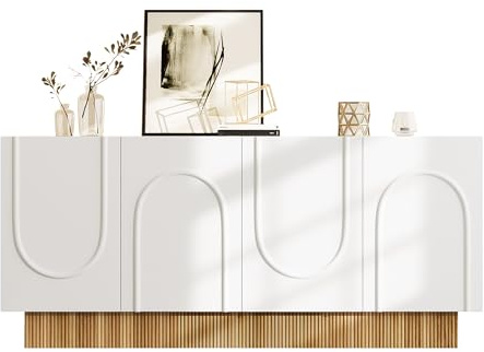 HAINEW Sideboard Kommode mit 4 U-Form Muster Türen, Buffetschrank Beistellschrank Aufbewahrungsschrank Küchenschrank, 160×38×75cm, HNDE25120410 (Weiß)