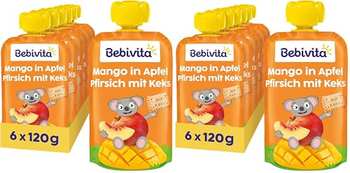 Bebivita Mango in Apfel Pfirsich mit Keks Quetschie (6 x 120g), ohne Zuckerzusatz, aus milden Früchten und wertvollem Getreide, ideal für unterwegs und selbständiges Snacken (Packung mit 2)