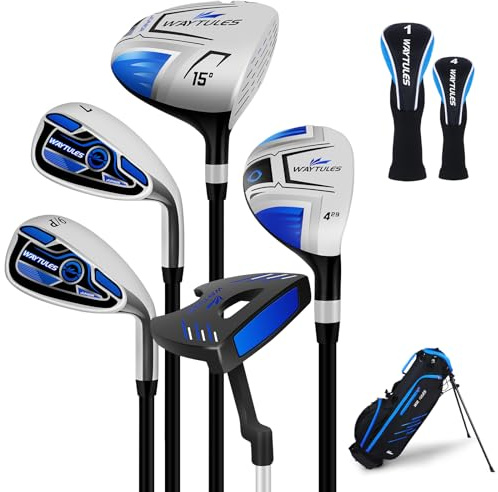 Golfklubbor set för barn, 7 delar för pojkar och flickor i åldrarna 6-8, juniorgolfset med stativväska, förare, hybrid, järn och putter, ungdomsgolfklubba, högerhänt (blå)