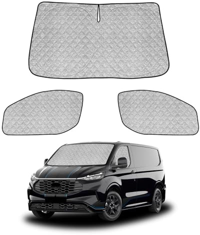 3er Set Auto Sonnenschutz Innen für VW New Transporter (2024-2026) & Ford Transit Custom (ab 2023) | Sonnenschutz Frontscheibe innen faltbar & magnetische Seitenscheiben | Thermomatte Verdunkelung