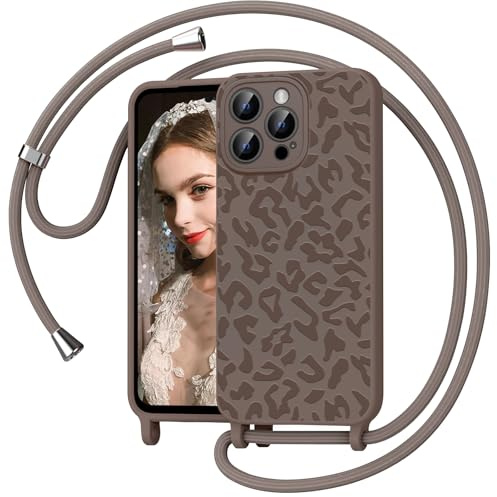 Mosoris Handyband für iPhone 16 Pro Hülle mit Band, Leopardenmuster Stoßfest Handyhülle mit Kette, Necklace Schutzhülle zum Umhängen Kordel, Liquid Silikon Case für iPhone 16 Pro 6.3, Kahki